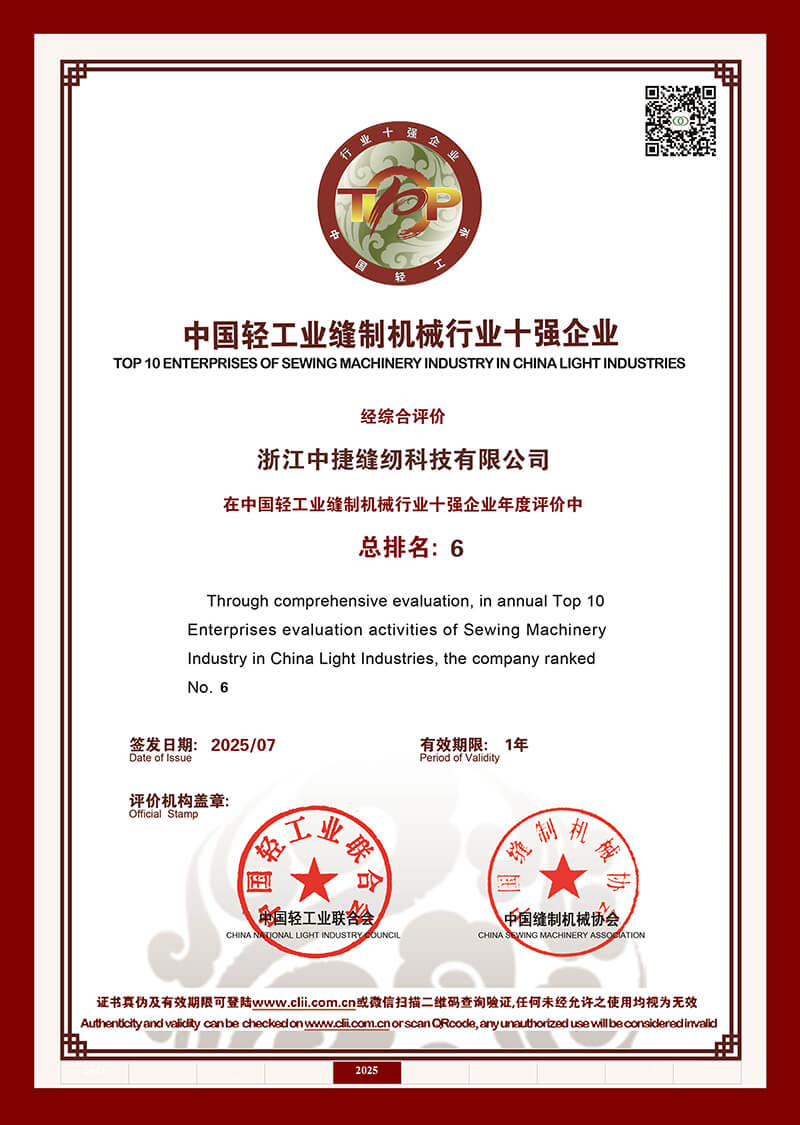 2025年度缝制机械行业十强（排名第六）